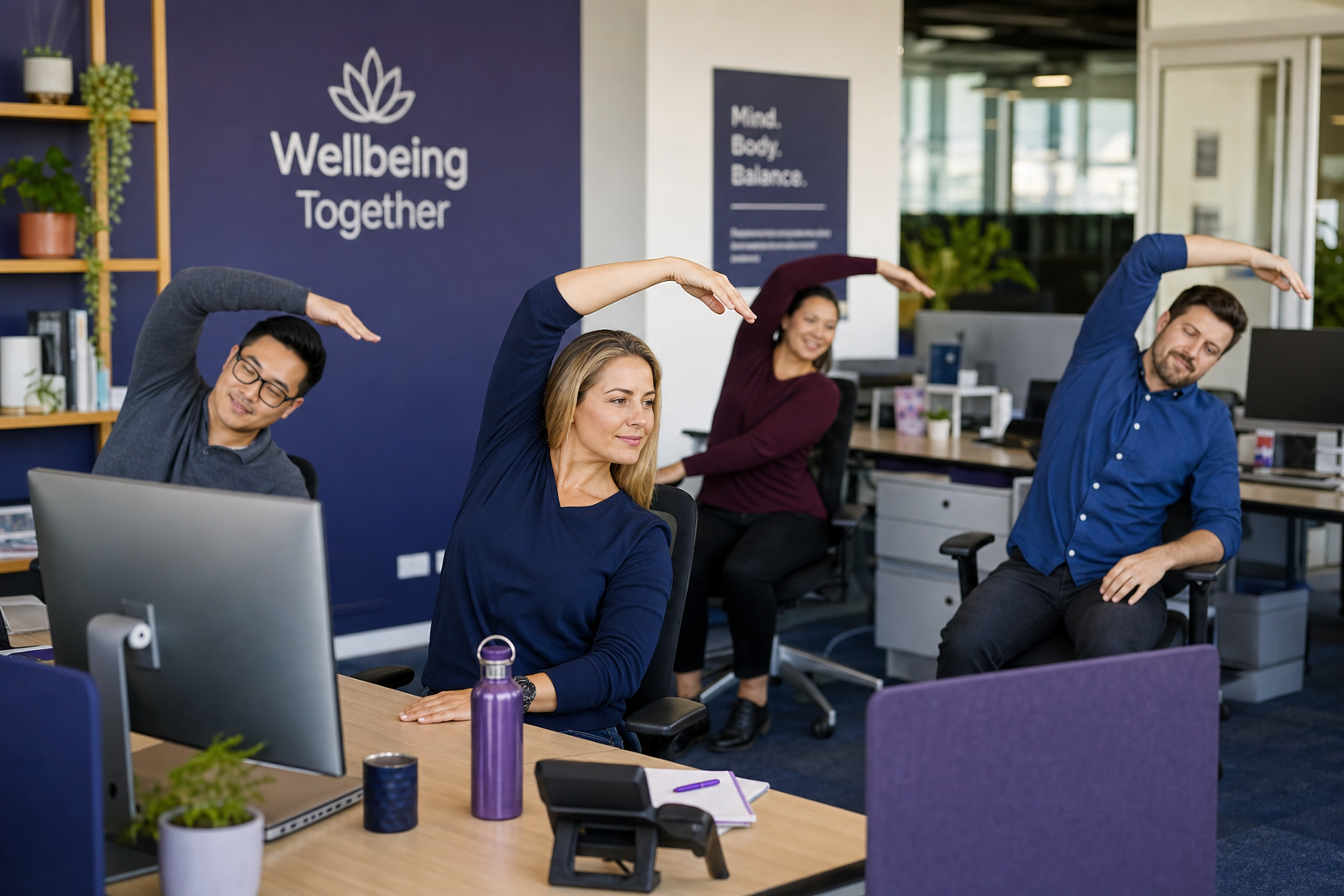 Washyrelbowex desk stretch session in a modern office